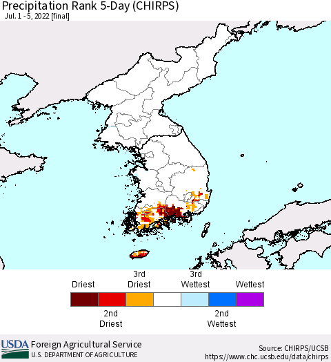 Korea Precipitation Rank since 1981, 5-Day (CHIRPS) Thematic Map For 7/1/2022 - 7/5/2022