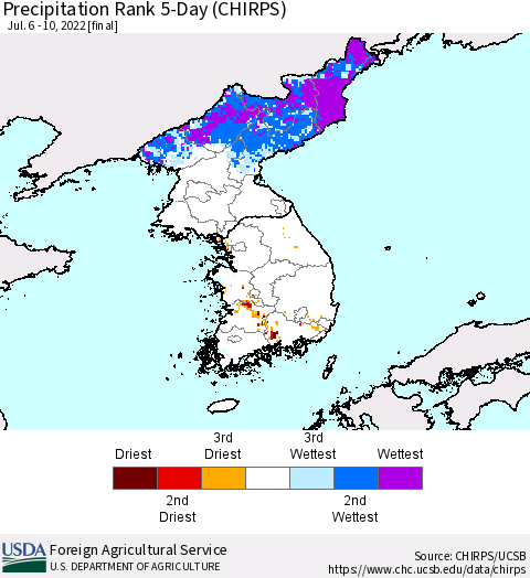 Korea Precipitation Rank 5-Day (CHIRPS) Thematic Map For 7/6/2022 - 7/10/2022