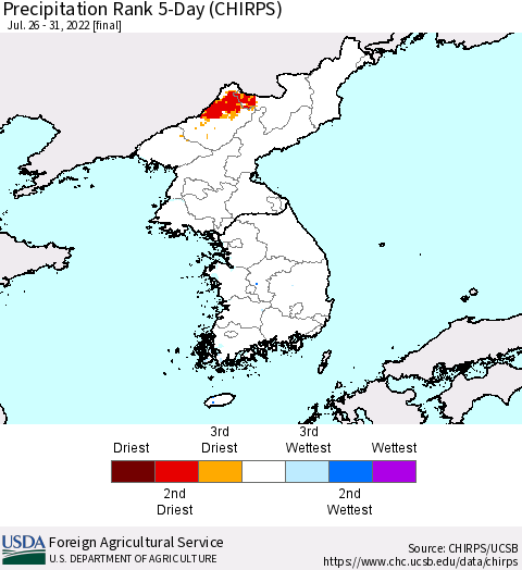 Korea Precipitation Rank since 1981, 5-Day (CHIRPS) Thematic Map For 7/26/2022 - 7/31/2022