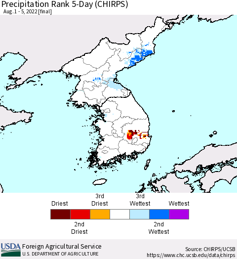 Korea Precipitation Rank 5-Day (CHIRPS) Thematic Map For 8/1/2022 - 8/5/2022