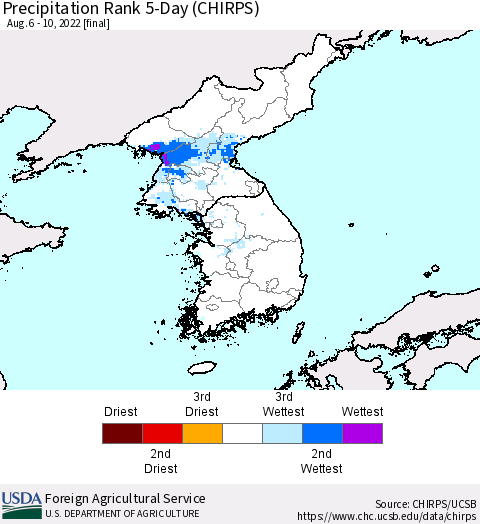 Korea Precipitation Rank since 1981, 5-Day (CHIRPS) Thematic Map For 8/6/2022 - 8/10/2022