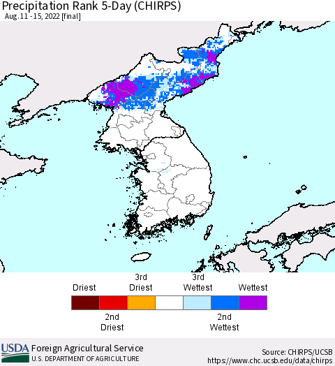Korea Precipitation Rank 5-Day (CHIRPS) Thematic Map For 8/11/2022 - 8/15/2022