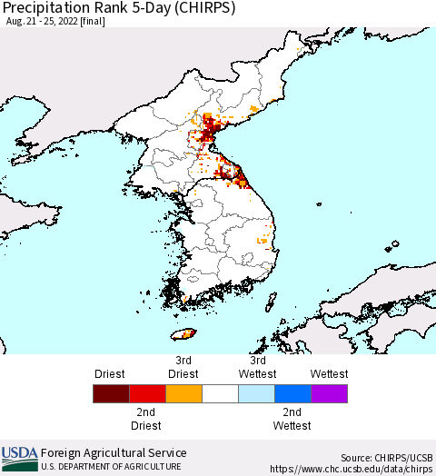 Korea Precipitation Rank 5-Day (CHIRPS) Thematic Map For 8/21/2022 - 8/25/2022