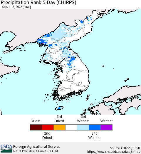Korea Precipitation Rank since 1981, 5-Day (CHIRPS) Thematic Map For 9/1/2022 - 9/5/2022