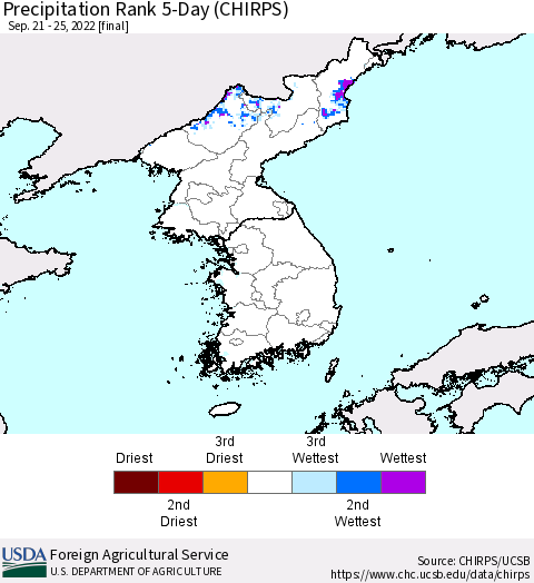 Korea Precipitation Rank since 1981, 5-Day (CHIRPS) Thematic Map For 9/21/2022 - 9/25/2022