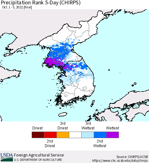 Korea Precipitation Rank since 1981, 5-Day (CHIRPS) Thematic Map For 10/1/2022 - 10/5/2022