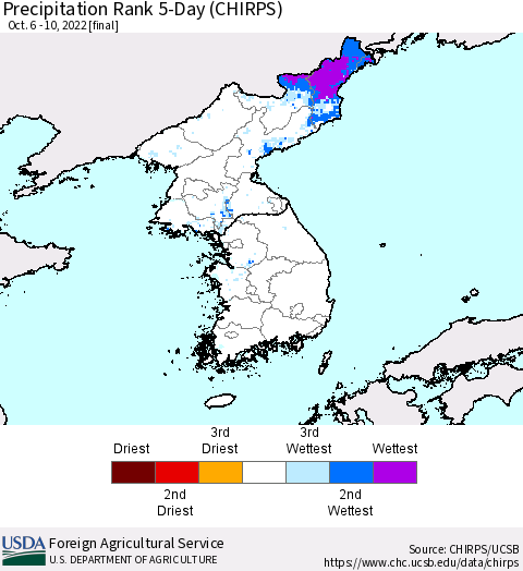 Korea Precipitation Rank since 1981, 5-Day (CHIRPS) Thematic Map For 10/6/2022 - 10/10/2022