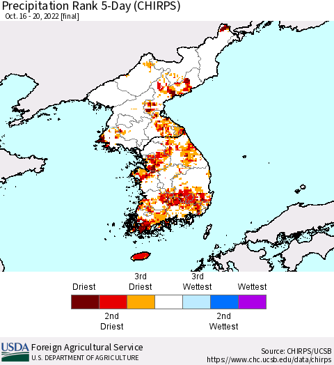 Korea Precipitation Rank since 1981, 5-Day (CHIRPS) Thematic Map For 10/16/2022 - 10/20/2022