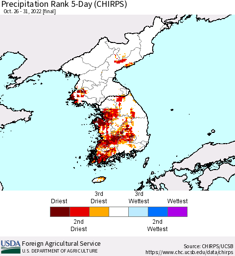 Korea Precipitation Rank since 1981, 5-Day (CHIRPS) Thematic Map For 10/26/2022 - 10/31/2022