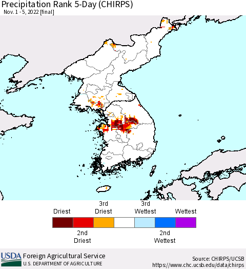 Korea Precipitation Rank since 1981, 5-Day (CHIRPS) Thematic Map For 11/1/2022 - 11/5/2022