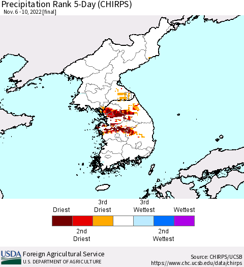 Korea Precipitation Rank since 1981, 5-Day (CHIRPS) Thematic Map For 11/6/2022 - 11/10/2022