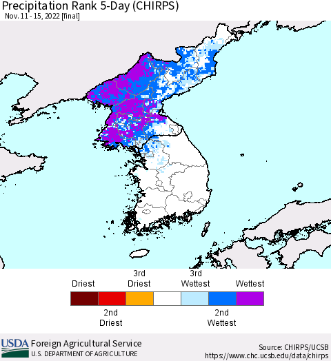 Korea Precipitation Rank since 1981, 5-Day (CHIRPS) Thematic Map For 11/11/2022 - 11/15/2022