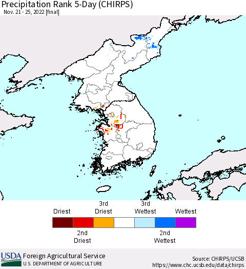 Korea Precipitation Rank 5-Day (CHIRPS) Thematic Map For 11/21/2022 - 11/25/2022