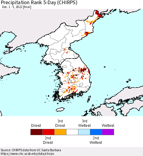 Korea Precipitation Rank since 1981, 5-Day (CHIRPS) Thematic Map For 12/1/2022 - 12/5/2022