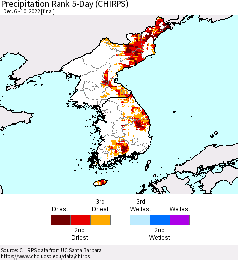 Korea Precipitation Rank since 1981, 5-Day (CHIRPS) Thematic Map For 12/6/2022 - 12/10/2022