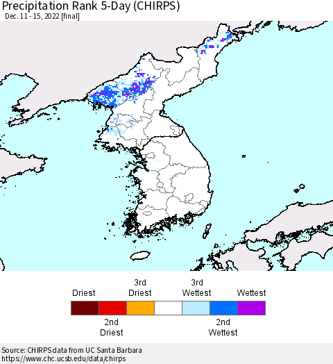 Korea Precipitation Rank since 1981, 5-Day (CHIRPS) Thematic Map For 12/11/2022 - 12/15/2022