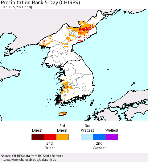 Korea Precipitation Rank since 1981, 5-Day (CHIRPS) Thematic Map For 1/1/2023 - 1/5/2023