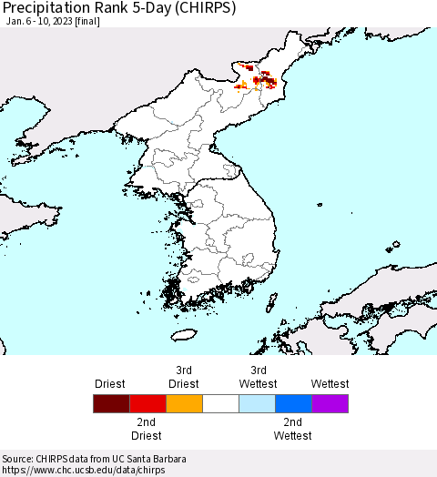 Korea Precipitation Rank since 1981, 5-Day (CHIRPS) Thematic Map For 1/6/2023 - 1/10/2023