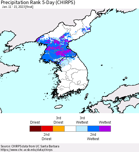 Korea Precipitation Rank since 1981, 5-Day (CHIRPS) Thematic Map For 1/11/2023 - 1/15/2023