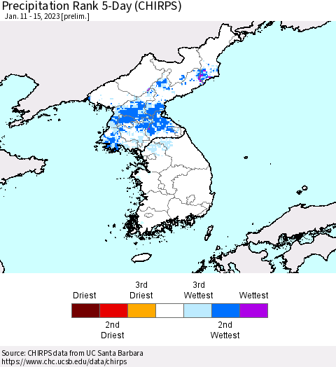 Korea Precipitation Rank 5-Day (CHIRPS) Thematic Map For 1/11/2023 - 1/15/2023