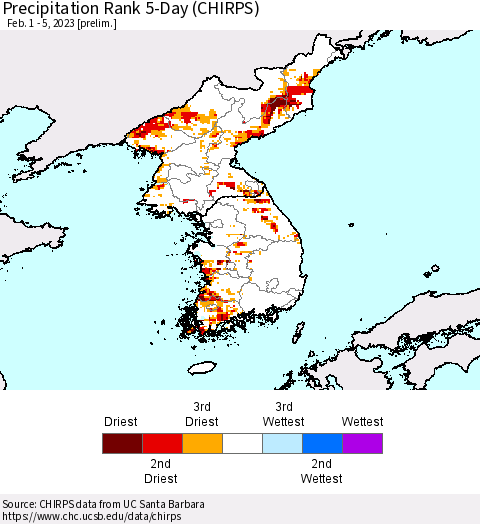 Korea Precipitation Rank 5-Day (CHIRPS) Thematic Map For 2/1/2023 - 2/5/2023