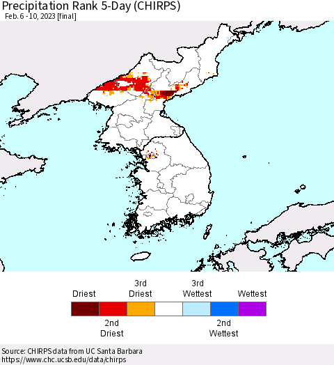 Korea Precipitation Rank since 1981, 5-Day (CHIRPS) Thematic Map For 2/6/2023 - 2/10/2023