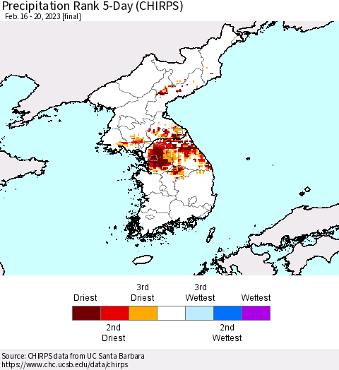 Korea Precipitation Rank since 1981, 5-Day (CHIRPS) Thematic Map For 2/16/2023 - 2/20/2023