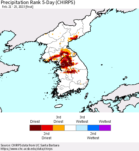 Korea Precipitation Rank since 1981, 5-Day (CHIRPS) Thematic Map For 2/21/2023 - 2/25/2023