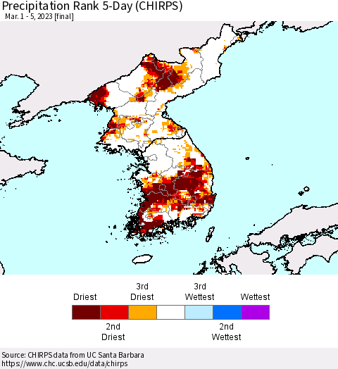 Korea Precipitation Rank since 1981, 5-Day (CHIRPS) Thematic Map For 3/1/2023 - 3/5/2023