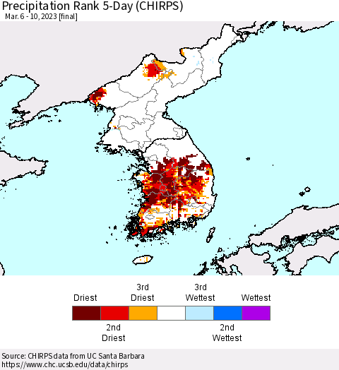 Korea Precipitation Rank since 1981, 5-Day (CHIRPS) Thematic Map For 3/6/2023 - 3/10/2023