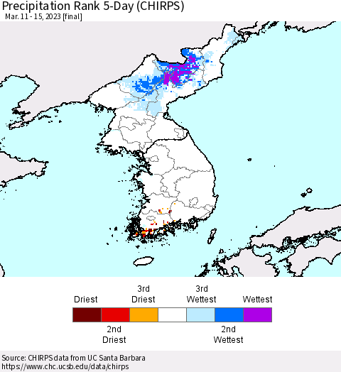 Korea Precipitation Rank since 1981, 5-Day (CHIRPS) Thematic Map For 3/11/2023 - 3/15/2023