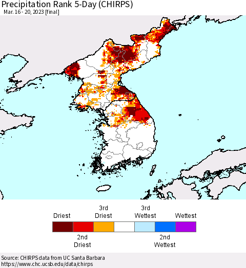 Korea Precipitation Rank since 1981, 5-Day (CHIRPS) Thematic Map For 3/16/2023 - 3/20/2023