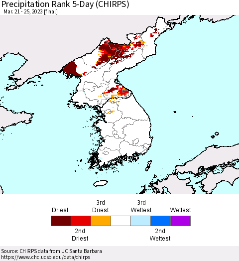 Korea Precipitation Rank since 1981, 5-Day (CHIRPS) Thematic Map For 3/21/2023 - 3/25/2023