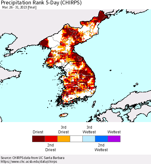 Korea Precipitation Rank since 1981, 5-Day (CHIRPS) Thematic Map For 3/26/2023 - 3/31/2023