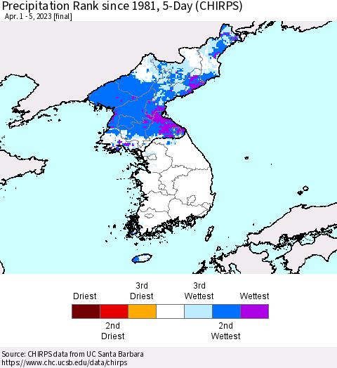 Korea Precipitation Rank since 1981, 5-Day (CHIRPS) Thematic Map For 4/1/2023 - 4/5/2023