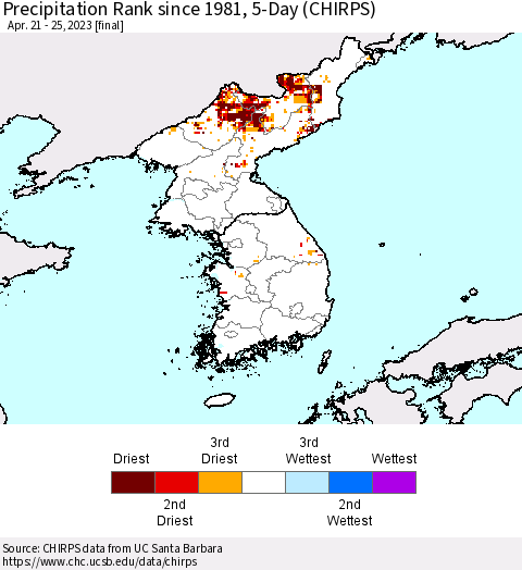 Korea Precipitation Rank since 1981, 5-Day (CHIRPS) Thematic Map For 4/21/2023 - 4/25/2023