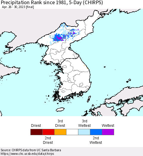 Korea Precipitation Rank since 1981, 5-Day (CHIRPS) Thematic Map For 4/26/2023 - 4/30/2023