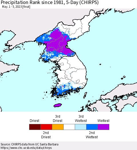 Korea Precipitation Rank since 1981, 5-Day (CHIRPS) Thematic Map For 5/1/2023 - 5/5/2023