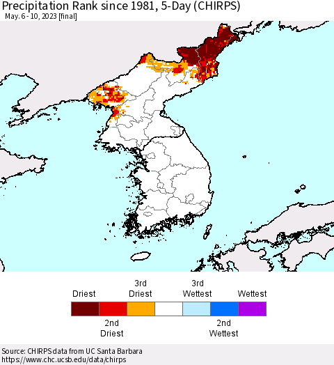 Korea Precipitation Rank since 1981, 5-Day (CHIRPS) Thematic Map For 5/6/2023 - 5/10/2023