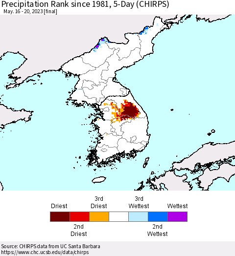 Korea Precipitation Rank since 1981, 5-Day (CHIRPS) Thematic Map For 5/16/2023 - 5/20/2023