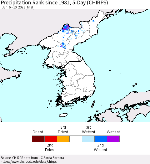 Korea Precipitation Rank since 1981, 5-Day (CHIRPS) Thematic Map For 6/6/2023 - 6/10/2023