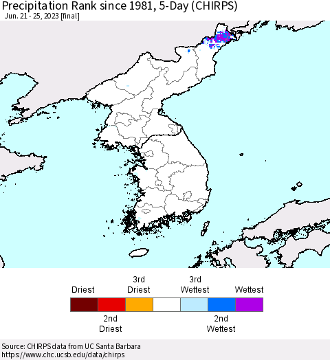 Korea Precipitation Rank since 1981, 5-Day (CHIRPS) Thematic Map For 6/21/2023 - 6/25/2023