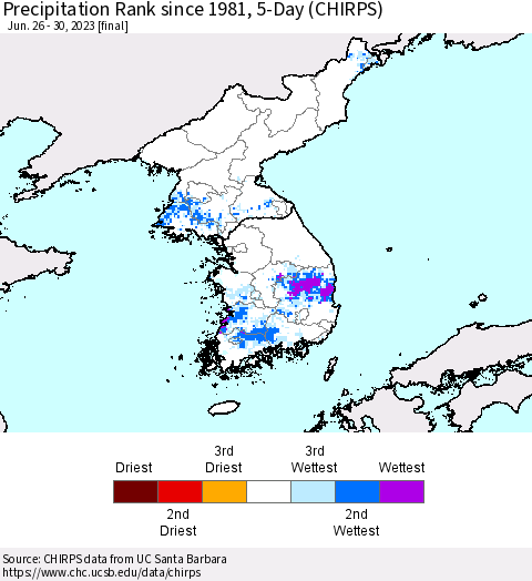 Korea Precipitation Rank since 1981, 5-Day (CHIRPS) Thematic Map For 6/26/2023 - 6/30/2023