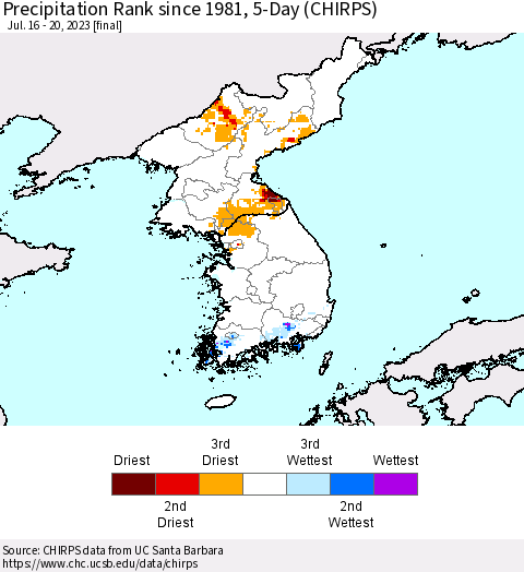 Korea Precipitation Rank since 1981, 5-Day (CHIRPS) Thematic Map For 7/16/2023 - 7/20/2023
