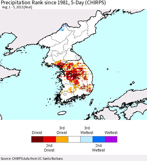 Korea Precipitation Rank since 1981, 5-Day (CHIRPS) Thematic Map For 8/1/2023 - 8/5/2023