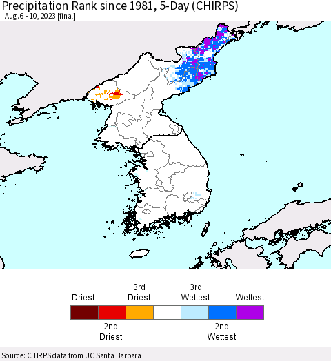 Korea Precipitation Rank since 1981, 5-Day (CHIRPS) Thematic Map For 8/6/2023 - 8/10/2023