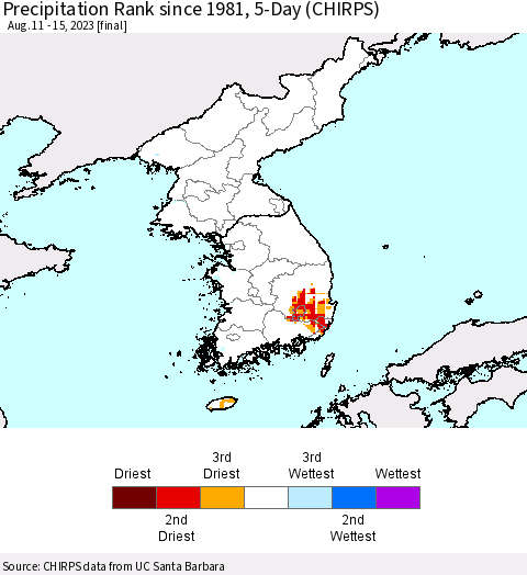 Korea Precipitation Rank since 1981, 5-Day (CHIRPS) Thematic Map For 8/11/2023 - 8/15/2023