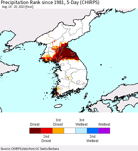 Korea Precipitation Rank since 1981, 5-Day (CHIRPS) Thematic Map For 8/16/2023 - 8/20/2023