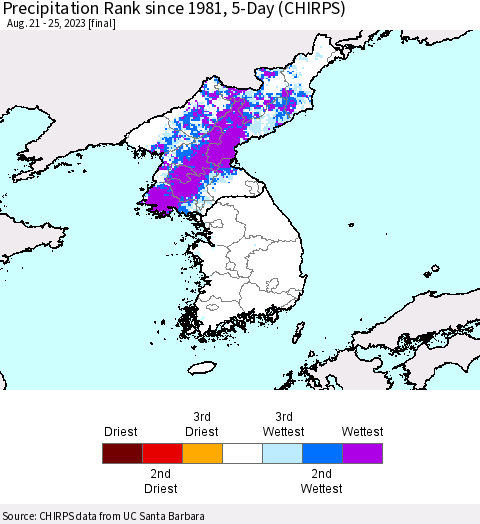 Korea Precipitation Rank since 1981, 5-Day (CHIRPS) Thematic Map For 8/21/2023 - 8/25/2023