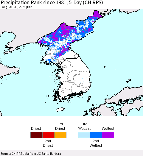 Korea Precipitation Rank since 1981, 5-Day (CHIRPS) Thematic Map For 8/26/2023 - 8/31/2023